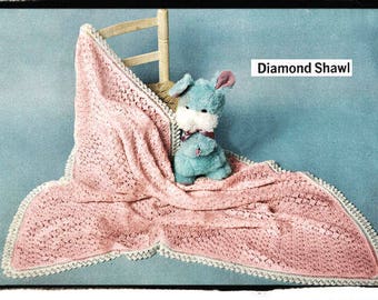 Instant Download Pdf KNITTING PATTERN to make a 48 inch Square Fine 3 Ply Wool Diamond Lace Heirloom Christening Baby Shawl