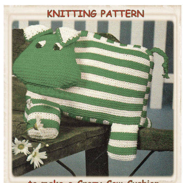Instant Download PDF Easy Knitting Pattern to make a 12 Inch Striped Crazy Cow Cushion or Bean Bag Toy 8 Ply Yarn