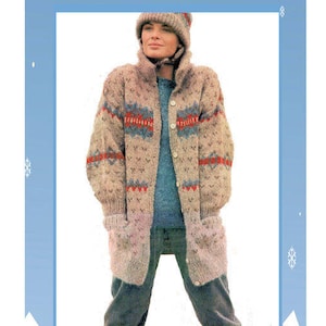 Instant Download PDF KNITTING PATTERN to make a Fairisle Oversize Womens Jacket Hat & Leg Warmers Chunky Yarn 2 Sizes 32 to 38 inch Bust