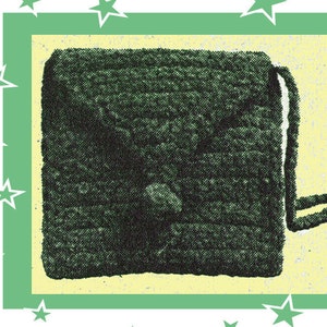 May include: A green crocheted evening purse with a 5 inch strap. The purse is surrounded by a green border with white stars.