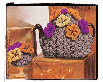 Instant Download PDF Easy Crochet Pattern to make a Flower Blossom Tea Pot Teapot Cosy & Egg Cozy Country Cottage Kitchen Kitsch Breakfast