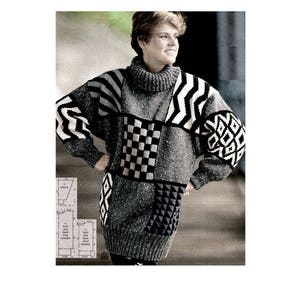 May include: A black and white patterned sweater with a turtleneck collar. The sweater has a geometric design and is made of a chunky knit yarn.
