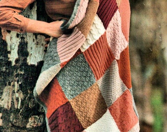 Instant Download PDF Knitting Pattern to make a Patchwork Squares Rustic Log Cabin Aran Sampler Blanket Picnic Rug Bedspread Sofa Throw