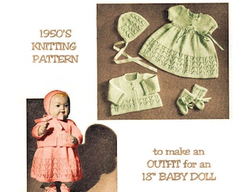 Instant Download PDF Fifties KNITTING PATTERN to make 18 Inch Baby Doll Clothes Dress Coat Bonnet Bootees Lace & Ribbons 3 Ply Yarn