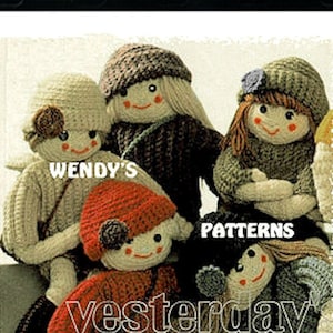 May include: A collection of crocheted dolls with different colored yarn and clothing. The dolls are arranged in a row with the text "Wendy's Patterns" and "Crochet" visible.