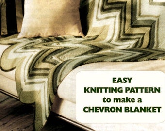 Instant Download PDF Easy Quick Beginners Knitting Pattern to make a Chevron Stripe Zigzag Shaped Afghan Blanket Sofa Throw  Bed Cover