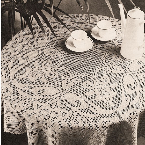 Instant Download PDF CROCHET PATTERN to make a Delicate Heirloom Filet Lace Circular Tablecloth 112 cms 44 Inches Diameter