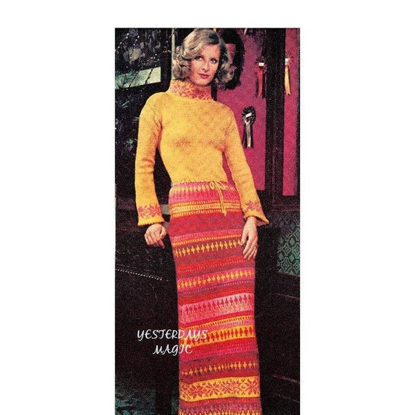 Instant Download PDF Knitting Pattern to make a Womens Fairisle Maxi Sweater Dress Skirt Ankle Length Slim Fit 3 sizes 30 to 38 inch bust