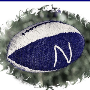Könnte beinhalten: Ein blauer und weißer gestrickter Fußball mit dem Buchstaben "N" darauf gestickt. Der Fußball ist von einem verschwommenen grünen Hintergrund umgeben.