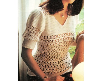 Instant Download PDF Crochet Pattern to make a Lacy Puff Sleeve Victorian Style Evening Top V Neck Blouse 4 Sizes 30 to 40 inch Bust Wedding