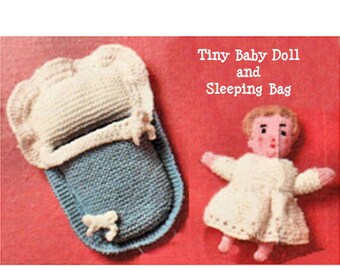Instant Download PDF Knitting Pattern to make a Little 5 inch Baby Bunting Soft Body Doll & Dress Sleeping Bag Crib Soft Take Along Toy