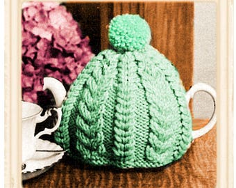 Instant Download PDF Easy Quick Knitting Pattern to make a Chunky Aran Cable Tea Teapot Cosy or Pom Pom Hat Chunky Yarn Grandmas Kitchen