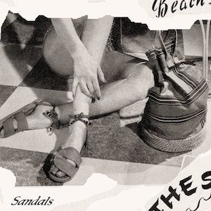 May include: A vintage sewing pattern for a beach set, featuring a pair of sandals and a beach bag. The pattern is titled "Going to the Sea" and is from the 1940s.