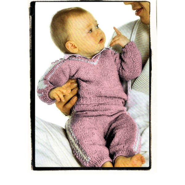 Instant Download PDF Knitting Pattern to make a Baby Boy or Girls Trousers Pants V Neck Sweater Tracksuit 4 Ply Yarn 2 Sizes 6 to 9 months