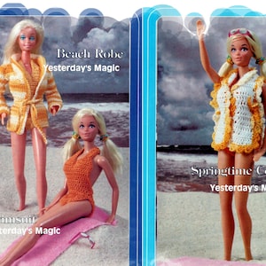 May include: Two Barbie dolls wearing crocheted outfits. The doll on the left is wearing a yellow and white striped crochet swimsuit and a yellow crochet beach robe. The doll on the right is wearing a white crochet cover-up with yellow trim. Both dolls are standing on a beach with blue water in the background. The text "Yesterday's Magic" is printed on both images.