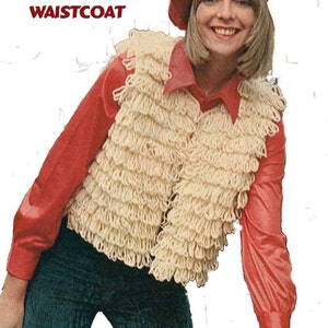 May include: Knitting pattern to make a loopy waistcoat. The pattern features a woman wearing a red shirt and a cream-colored waistcoat with a loopy texture. She is wearing a red beret and holding a leash attached to a brown Afghan Hound.