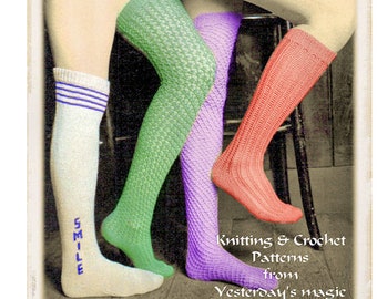 Instant Download PDF Crochet & Knitting Pattern to make Retro Over Knee Womens Long Socks Lace Fish Net Thigh Length Stockings 4 Styles