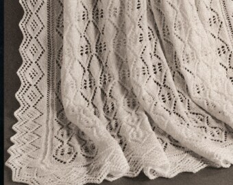 Instant Download Pdf Easy KNITTING PATTERN to make a Fine 3 Ply Wool Eyelet Lace Heirloom Large Square Christening Baby Shawl Evening Wrap