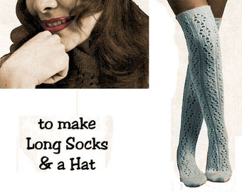 Instant Download PDF Knitting Pattern to make a Lacy Beanie Hat Juliet Cap Long Over Knee Socks Stockings 4ply & 3ply yarns All Womens Sizes
