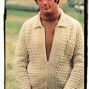 Instant Download PDF Knitting Pattern to make a Mens Zip Up Jacket Cardigan Breast Pocket 10 Ply Yarn 4 Large Sizes 34 to 48 inch chest
