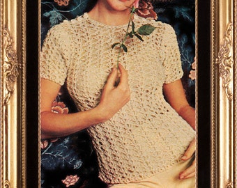 Instant Download PDF Crochet Pattern to make a Womens Short Sleeve Mesh Lacy Summer Evening Sweater Top 4 Ply Yarn 32 34 36 inch Bust