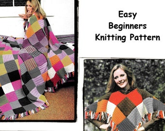 Instant Download PDF Easy Beginners KNITTING PATTERN to make a Patchwork Sampler Blanket Aran Style Bedspread Cushion & Fringed Poncho Cape
