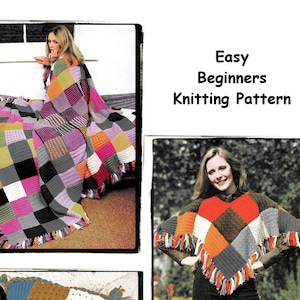 Puede incluir: Tres imágenes que muestran diferentes formas de usar un patrón de tejido de patchwork. La primera imagen muestra a una mujer usando una manta de patchwork colorida. La segunda imagen muestra a una mujer usando un poncho de patchwork colorido. La tercera imagen muestra una almohada de patchwork marrón y azul. El texto "Easy Beginners Knitting Pattern" y "Textured Stitches Patchwork Squares" está incluido en la imagen.