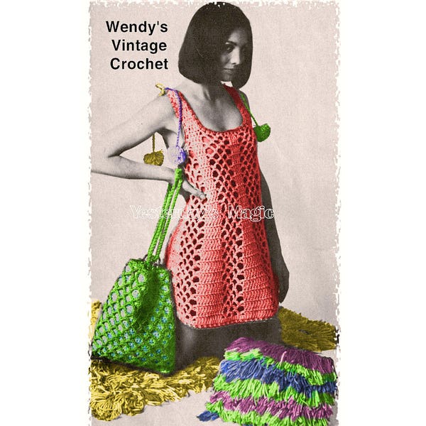 Instant Download PDF Crochet Pattern to make a Womens Sleeveless Shift Mini Beach Dress Lacy Vest Pom Pom Shoulder Ties Chunky Yarn