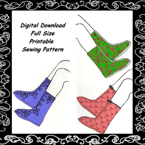 PDF Easy Sewing Pattern Full Size A4 Printable to make Slipper Boots Padded Quilted Calf Length All Sizes Women & Girls