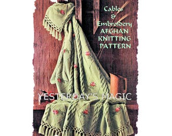 Instant Download PDF Knitting Pattern to make a Cable Blanket Afghan Rug Fringed Sofa Throw Embroidered Roses Country Cottage Shabby Chic