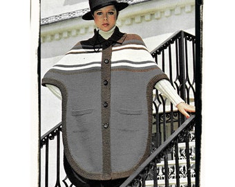 Instant Download PDF Knitting Pattern to make a Womens Tabard Cape Coat Shaped Poncho Chunky Yarn 4 Sizes 34 to 40 Inch Bust