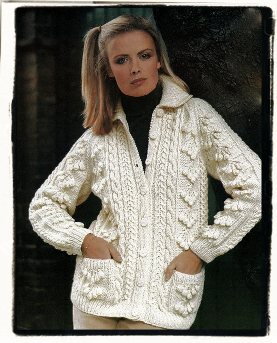 Instant Download PDF Knitting Pattern to make a Womens Aran Jacket Cardigan  Patch Pockets Large Plus Sizes 40 to 50 inch Bust Chest