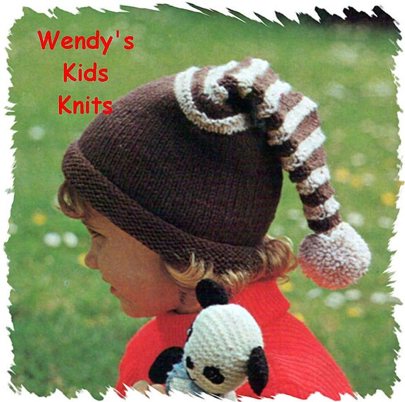 Instant Download PDF Easy Beginners KNITTING PATTERN to make Childrens  Tiger Tail Pom Pom Pull On Noddy Hat sizes to fit to years old