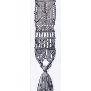 May include: A grey macrame wall hanging with a tassel at the bottom. The wall hanging is made of a series of knots and loops, creating a geometric pattern.