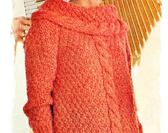 Instant Download PDF KNITTING PATTERN  to make a Womens Boat Neck Cable Aran Style Sweater Chunky Bulky Yarn 2 Sizes 32 to 38 inch Bust