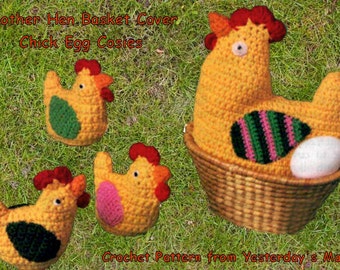 Instant Download PDF Easy Crochet Pattern to make a Chicken Hen Egg Basket Cover Tea Cosy & Chick Egg Cosies Kitsch Cottage Easter Breakfast