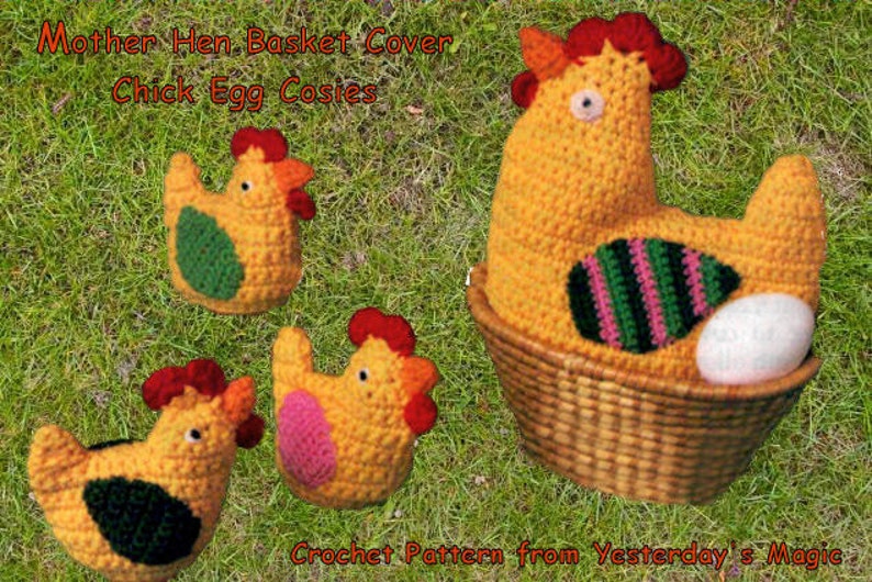 Instant Download PDF Easy Crochet Pattern to make a Chicken Hen Egg Basket Cover Tea Cosy & Chick Egg Cosies Kitsch Cottage Easter Breakfast image 1