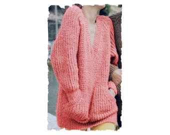 Instant Download PDF Knitting PATTERN to make an Oversize Fishermens Rib Womens Sweater Sloppy Joe Pouch Pocket 5 Sizes 34 to 42 inch Bust