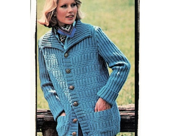 Instant Download PDF Knitting Pattern to make a Womens Ribbed Jacket Large Collar Patch Pockets 8 Ply Yarn 4 Sizes 34 to 40 inch Bust