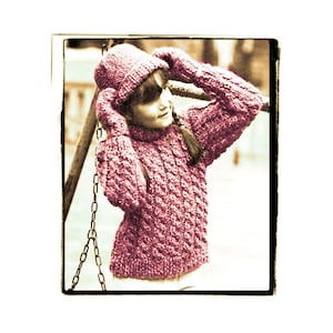 Instant Download PDF Quick Knitting Pattern to make a Girls Boys Cable Chunky Sweater Mittens Hat 4 Sizes 22 to 28 inch Chest Bulky Yarn