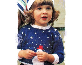 Instant Download PDF KNITTING PATTERN to make a Boys or Girls Christmas Snowman Sweater & Pom Pom Hat 4 Ply Yarn 18 20 22 inch Chest