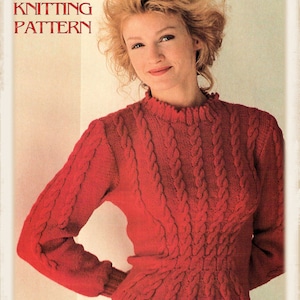 Instant Download PDF Knitting Pattern to make a Cable Ruched Waist Womens Fitted Sweater Forties Style 8 Ply Yarn 3 sizes 34 to 38 inch bust
