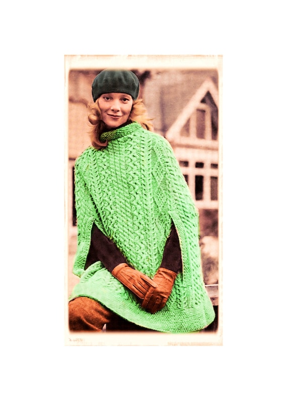 Instant Download PDF Knitting Pattern to make an Irish Aran Poncho Cape Womens Coat Thigh Length 10 ply Yarn fits up to a 40 inch Bust