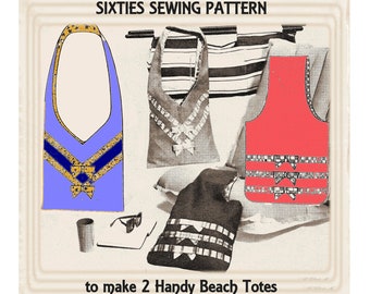 Full Size PDF Sewing Pattern to make 2 Styles Handbag Large Beach Shoulder Tote Bag Retro Sixties A4 Printable Instant Download