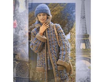 Instant Download PDF CROCHET PATTERN to make a Calf Length Womens Coat & Beanie Hat 9mm Hook Chunky Yarn One Size up to 36 inch bust