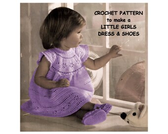 Instant Download PDF Crochet Pattern to make a Baby Toddler Girls Lace Party Dress & Mary Jane Shoes 3 ply yarn  3 Sizes 3 to 24 months