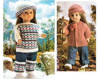 Instant Download  PDF KNITTING PATTERN to make a Fairisle Ski Sweater Hat Legwarmers & Winter Jacket 16 to 24 inch Girl Dolls Chunky Yarn
