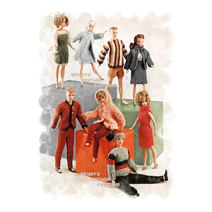 May include: A vintage knitting pattern booklet featuring a group of dolls wearing knitted clothing. The dolls are posed on blocks with the text "Wendy's Vintage Patterns" printed on them.
