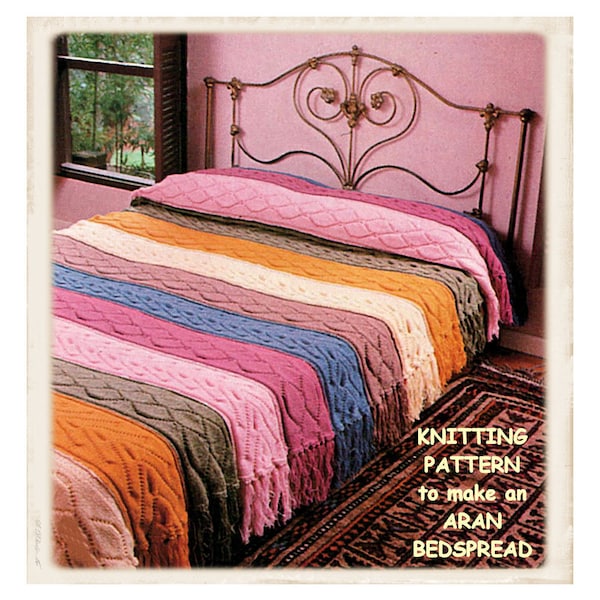 Instant download PDF Knitting Pattern to make a Multi Colour Aran Panel Fringed Bedspread Sofa Throw Afghan Blanket Runner or Rug