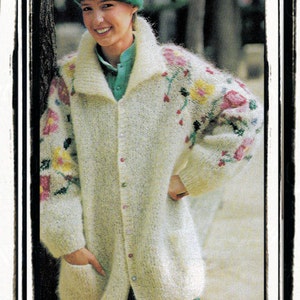 Instant Download PDF Knitting Pattern to make a Womens Oversize Jacket Optional Flower Embroiderey Chunky Yarn 34 36 38 inch Bust
